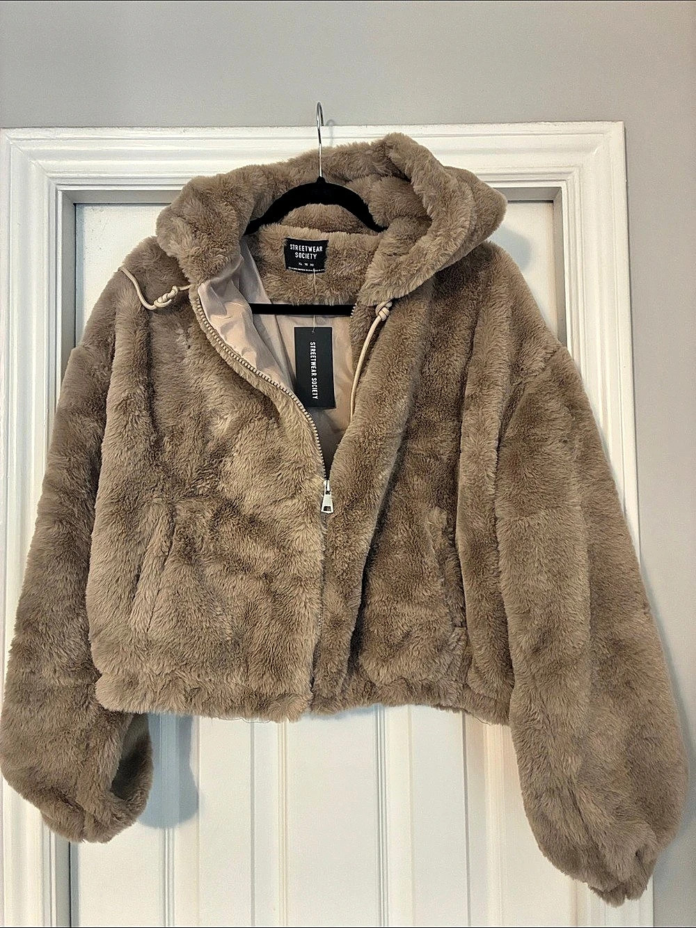 Streetwear Society Faux Fur Hooded Zip-Up Teddy Jacket Brown XL NWT